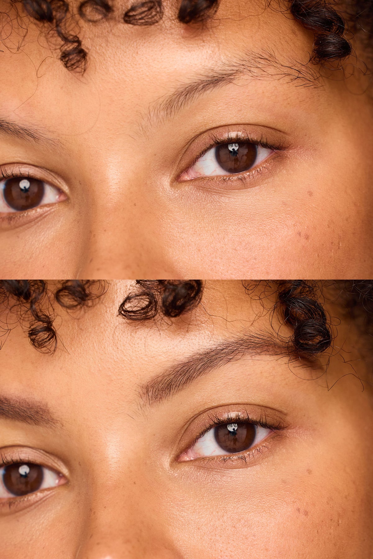Close-up of a woman's eyebrows and eyes in two stacked views, the top with natural brows and the bottom with brows filled in and shaped